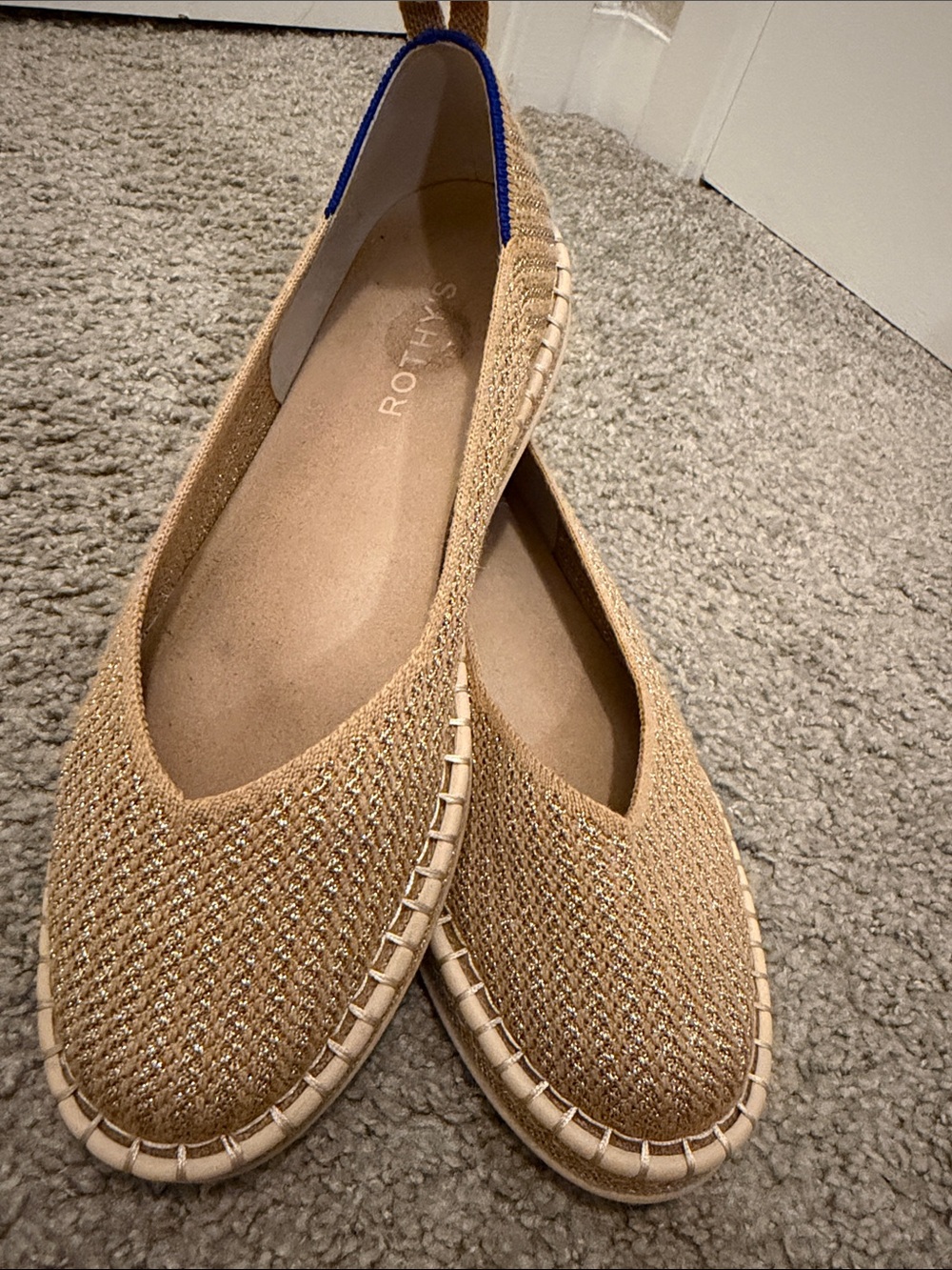 Rothy's Tan Woven Espadrille Flat with Blue Heel Trim